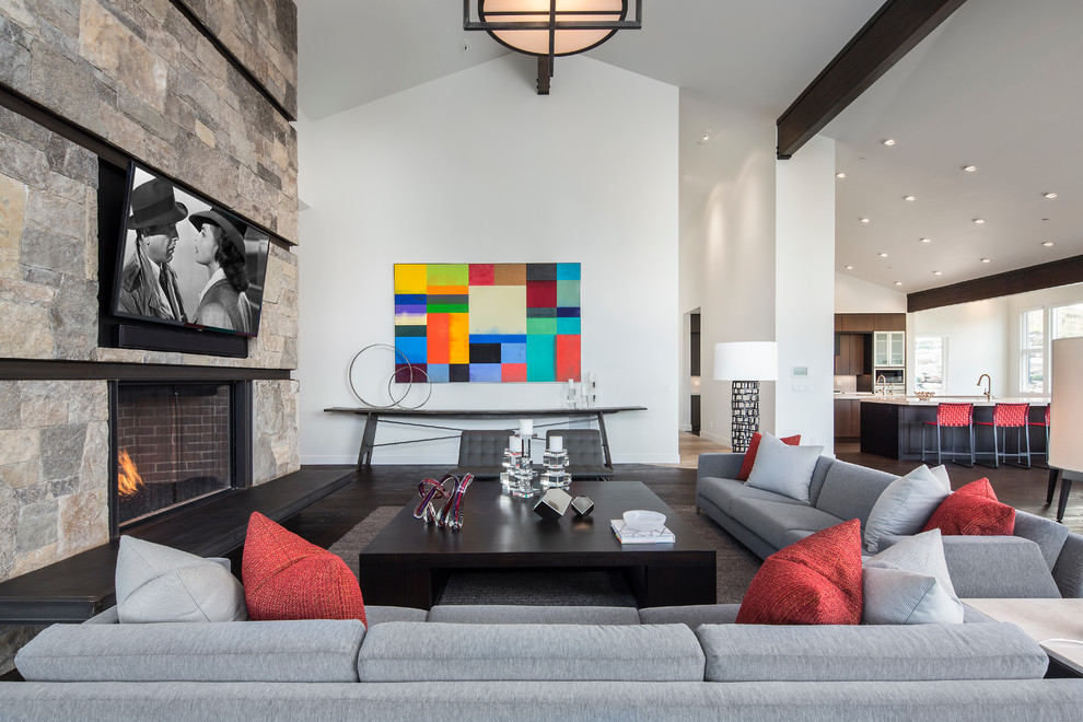 Example of a trendy formal and open concept living room design in Salt Lake City with white walls, a ribbon fireplace, a brick fireplace and a wall-mounted tv