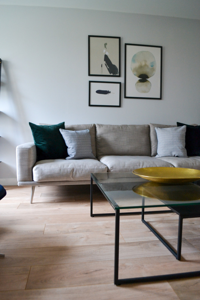 Immagine di un soggiorno minimal di medie dimensioni e chiuso con pareti grigie, pavimento in legno massello medio, nessun camino, TV autoportante e pavimento beige