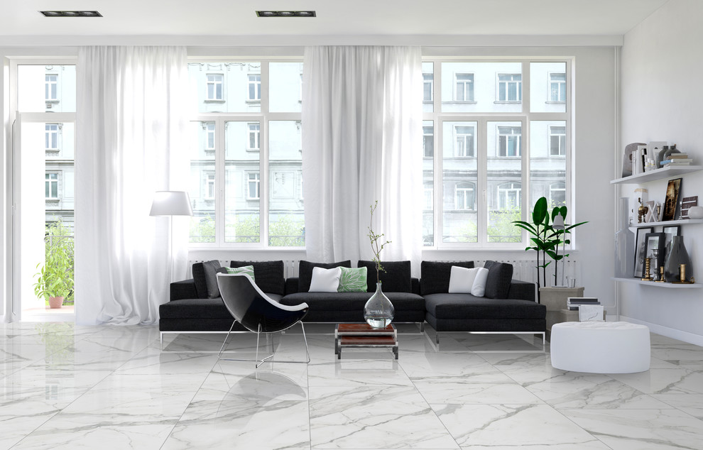 На фото: парадная, открытая гостиная комната среднего размера в современном стиле с белыми стенами и мраморным полом без камина с