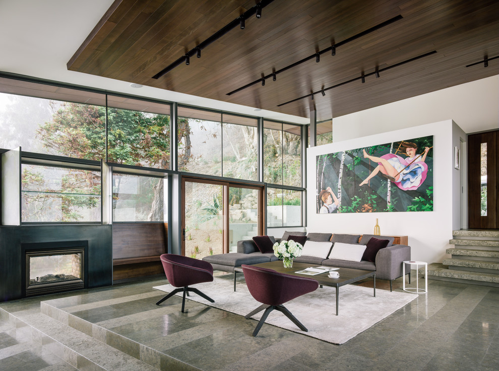 Cette image montre un salon design avec un mur blanc, sol en béton ciré et une cheminée double-face.
