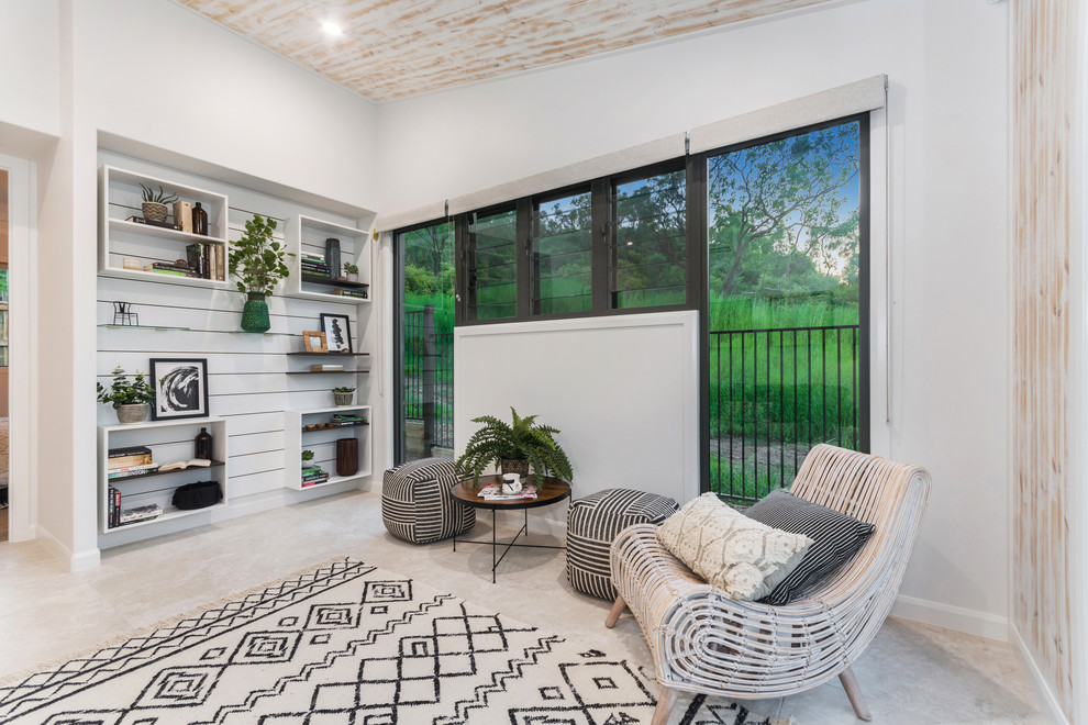 Esempio di un soggiorno design di medie dimensioni con pavimento con piastrelle in ceramica, pavimento beige e pareti bianche