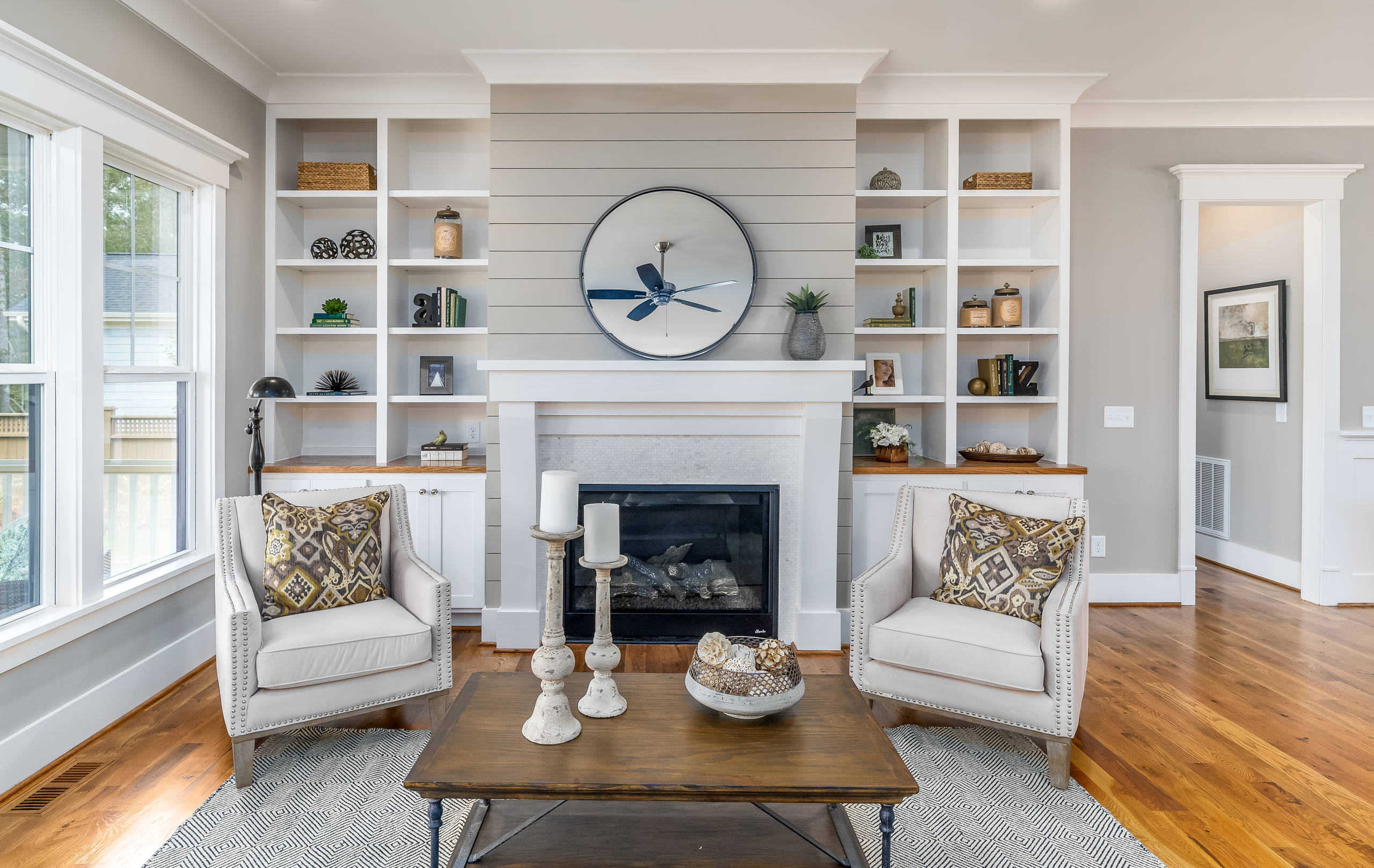 Farmhouse Living Room With Gray Walls