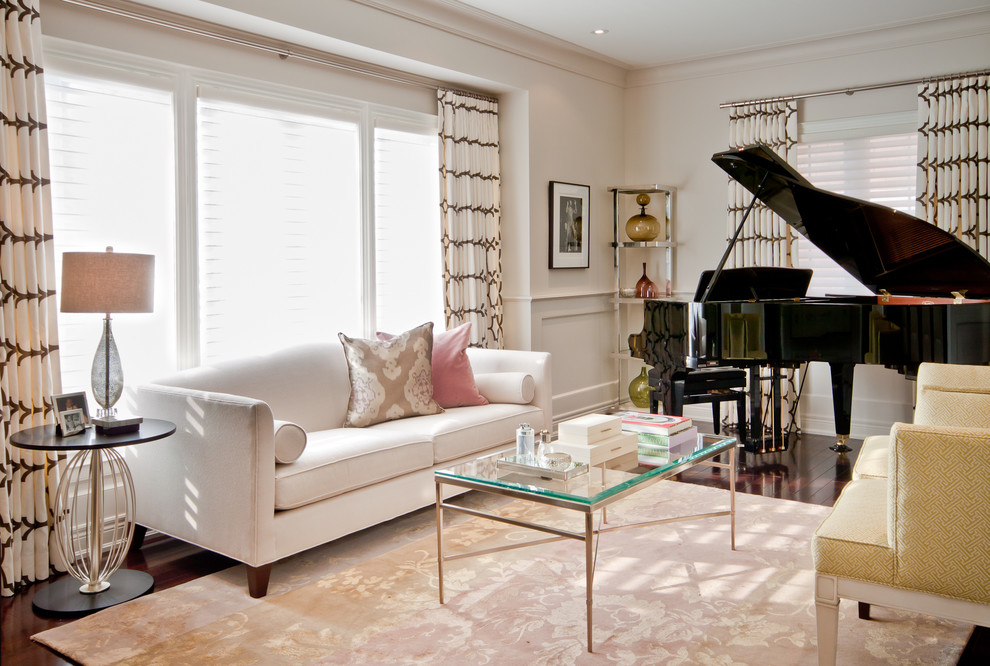 Inspiration for a contemporary living room remodel in Toronto with white walls