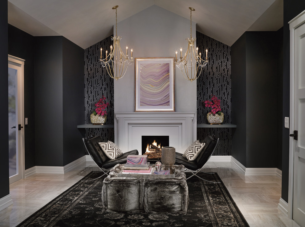 This is an example of a small contemporary enclosed living room in Seattle with black walls and a standard fireplace.