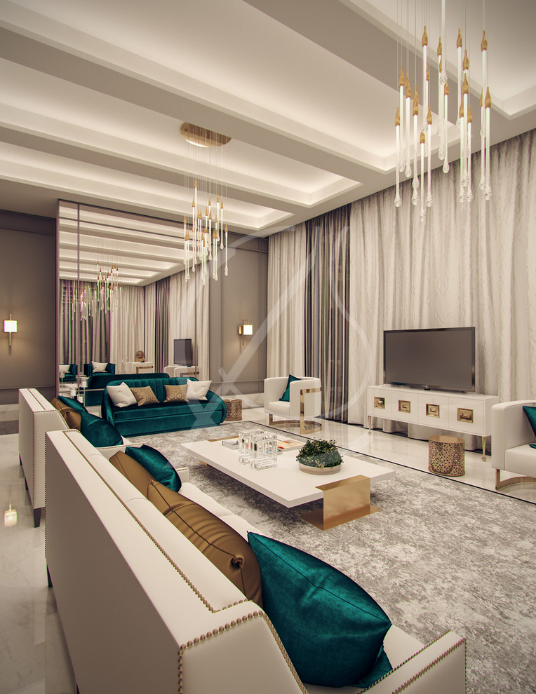 Inspiration för moderna separata vardagsrum, med ett finrum, vita väggar, marmorgolv, en fristående TV och vitt golv