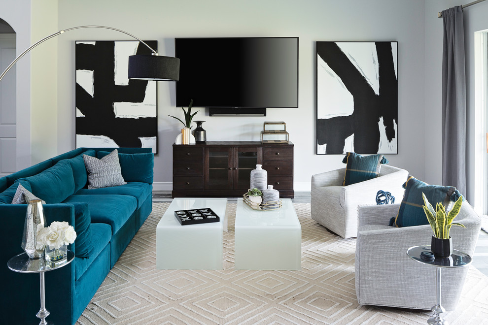 Living room - contemporary living room idea in Other with gray walls and a wall-mounted tv