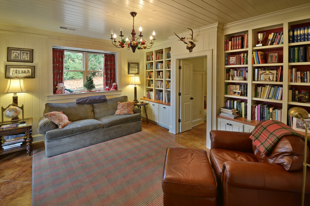 Imagen de salón para visitas cerrado de estilo de casa de campo con paredes blancas y suelo de cemento