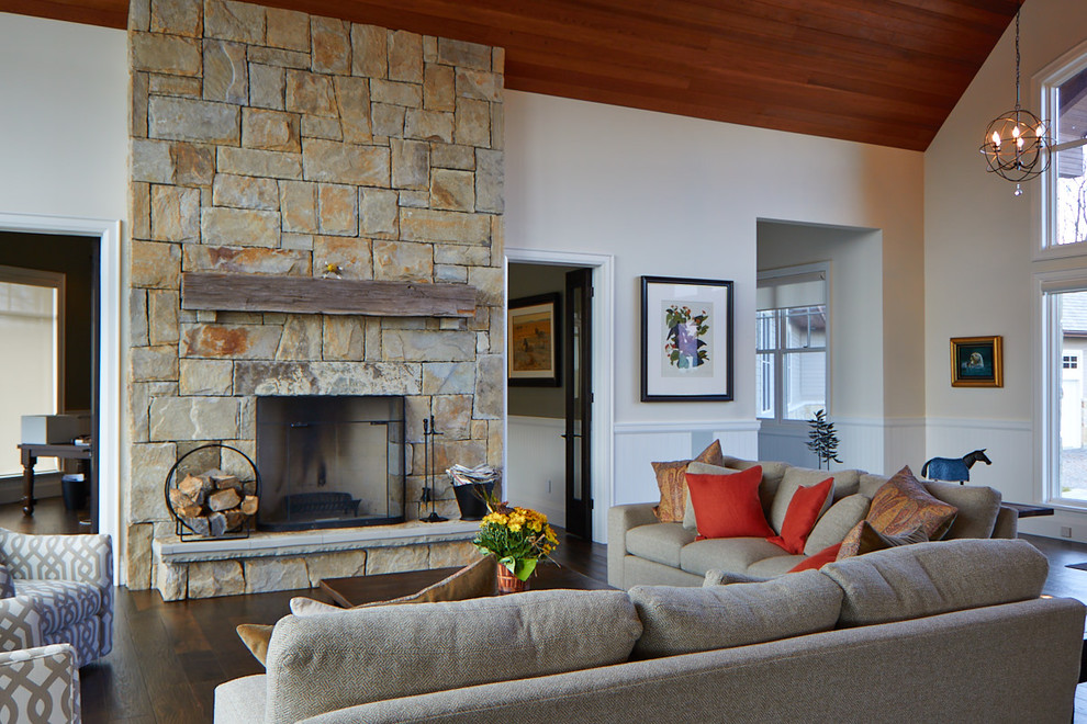 Inspiration for a large farmhouse open plan living room in Toronto with white walls, dark hardwood flooring, a standard fireplace and a stone fireplace surround.