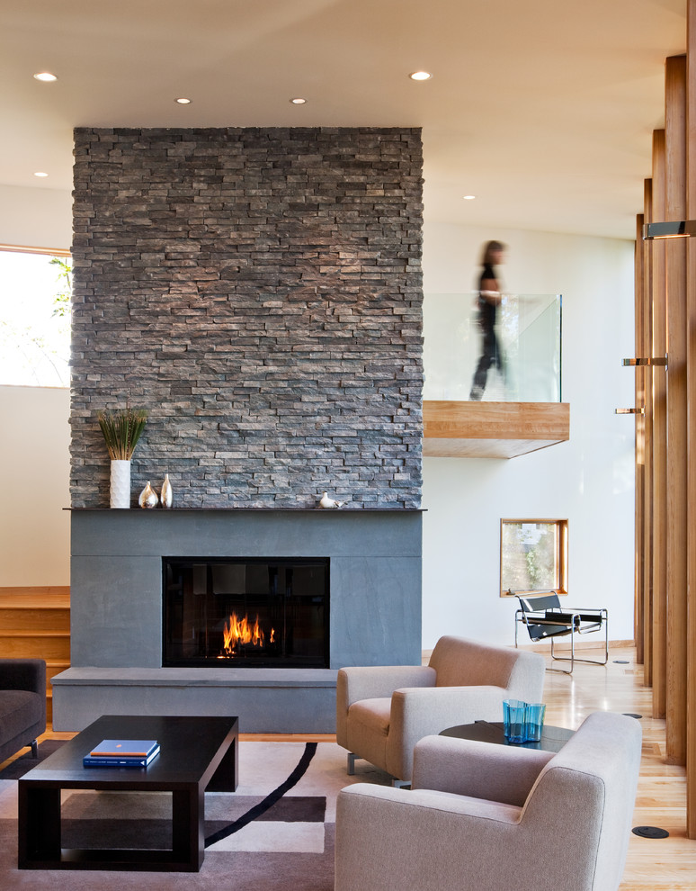 Photo of a contemporary living room in Minneapolis with white walls and a standard fireplace.