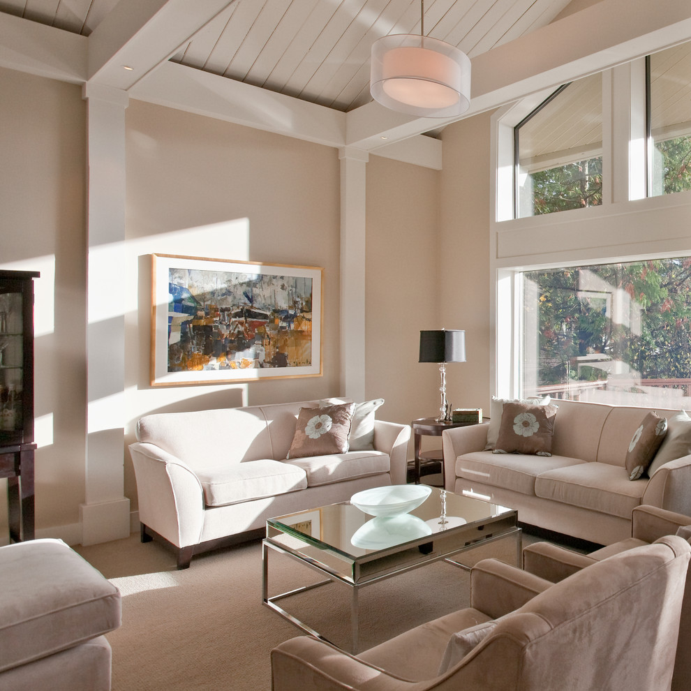 This is an example of a large contemporary formal open plan living room in Vancouver with beige walls, carpet, no tv and beige floors.