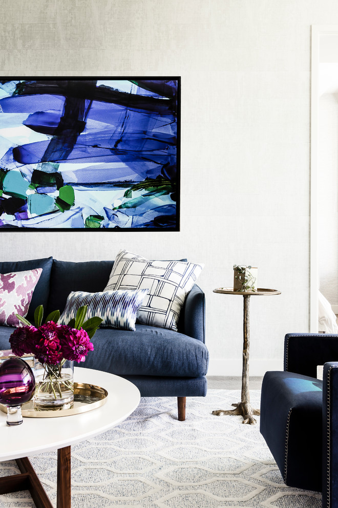 Example of a mid-sized trendy open concept carpeted and gray floor living room design in Sydney with white walls and no fireplace