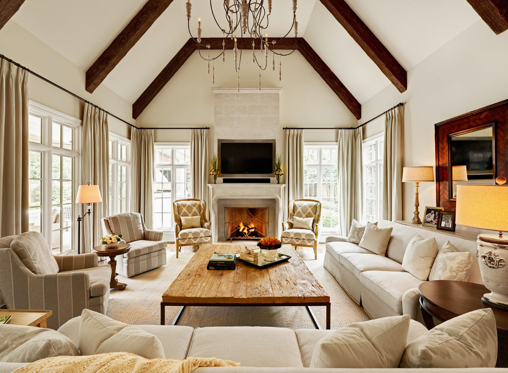 Living room - large traditional living room idea in Charlotte with white walls