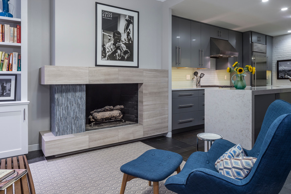 ボルチモアにある小さなコンテンポラリースタイルのおしゃれなLDK (スレートの床、グレーの壁、コーナー設置型暖炉、石材の暖炉まわり、テレビなし) の写真