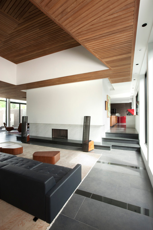 Идея дизайна: гостиная комната в стиле модернизм с белыми стенами и фасадом камина из камня