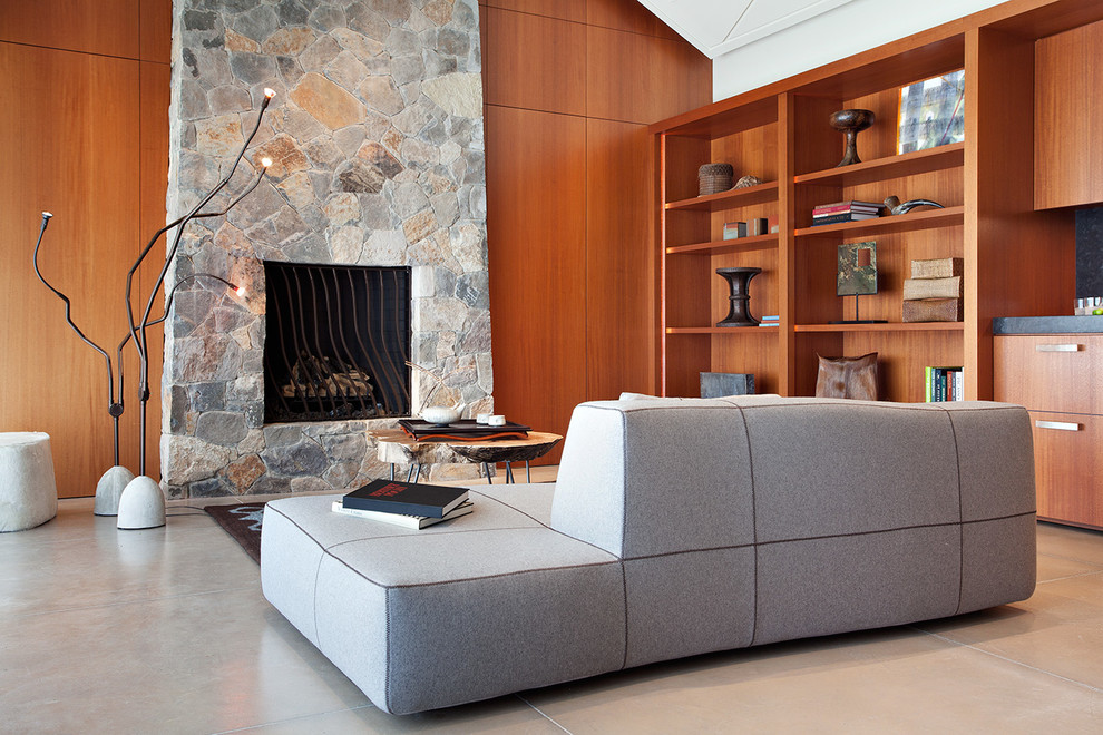 Пример оригинального дизайна: гостиная комната в современном стиле с серым полом