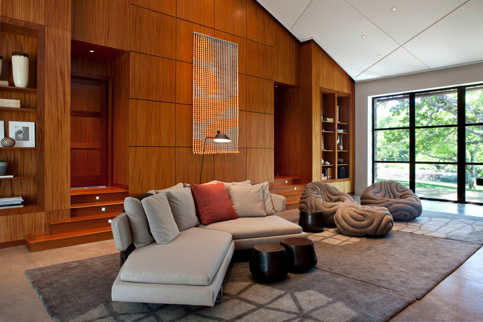 Inspiration for a medium sized contemporary formal open plan living room in San Francisco with brown walls.