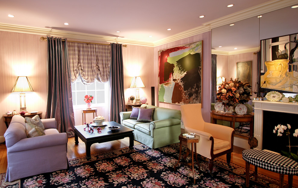 Свежая идея для дизайна: большая изолированная гостиная комната в классическом стиле с фиолетовыми стенами, паркетным полом среднего тона, стандартным камином, фасадом камина из дерева и бежевым полом без телевизора - отличное фото интерьера