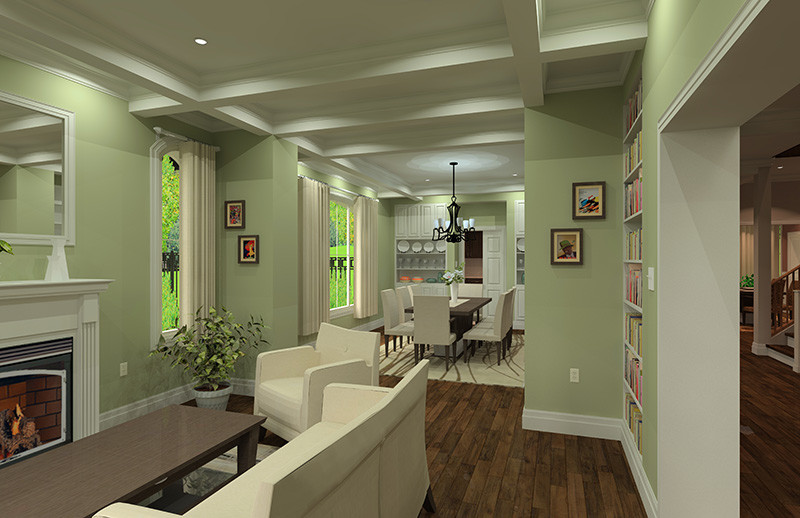 Design ideas for a large traditional open plan living room in Toronto with green walls, medium hardwood flooring, a standard fireplace and a wooden fireplace surround.