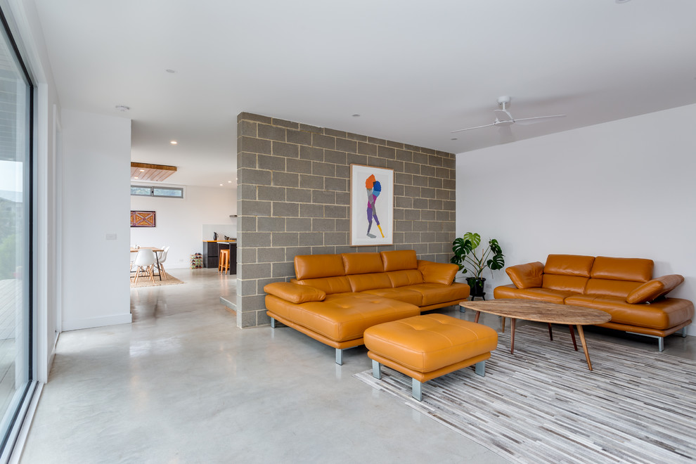 Идея дизайна: гостиная комната в современном стиле с белыми стенами, бетонным полом и серым полом