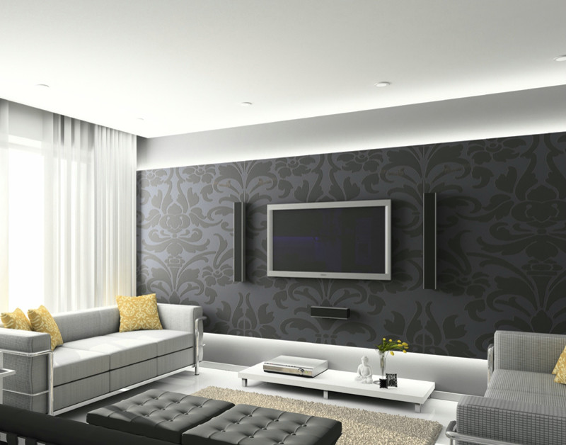 Imagen de salón para visitas abierto actual grande sin chimenea con paredes grises y televisor colgado en la pared