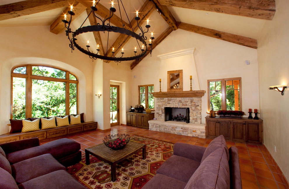 Example of a tuscan terra-cotta tile living room design in San Francisco