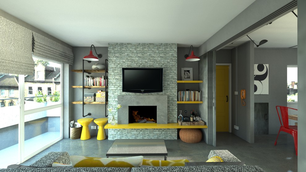 Idéer för ett litet industriellt vardagsrum, med grå väggar, betonggolv och en spiselkrans i betong