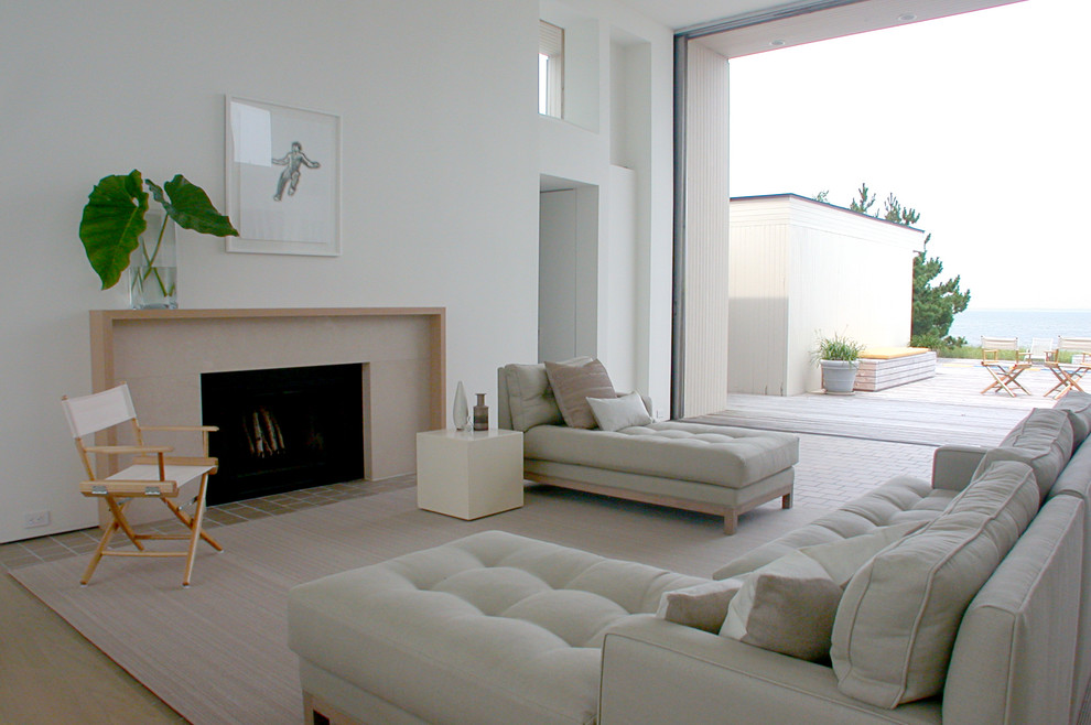 Aménagement d'un salon contemporain avec un mur blanc et une cheminée standard.