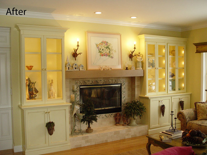 This is an example of a medium sized classic formal enclosed living room in Providence with yellow walls, medium hardwood flooring, a standard fireplace and a tiled fireplace surround.