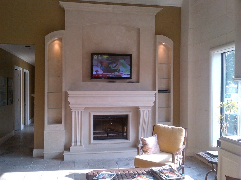 Photo of a large traditional formal enclosed living room in Chicago with ceramic flooring, a standard fireplace, a stone fireplace surround, brown walls and beige floors.