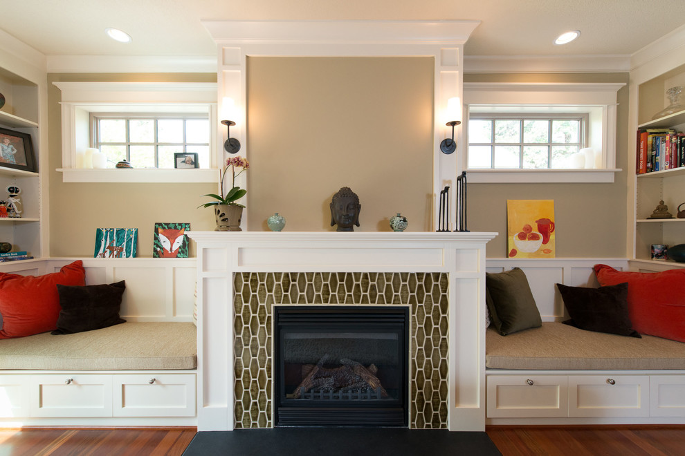 Fireplace, Windows and Window Seat Craftsman Living Room Portland