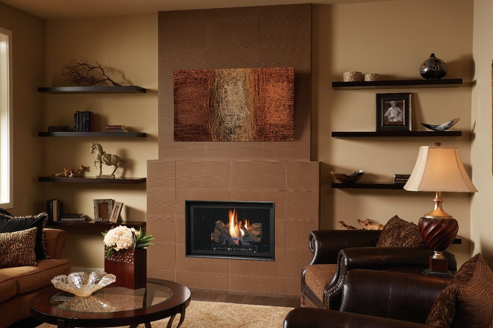 Example of a mid-sized transitional formal and enclosed medium tone wood floor and brown floor living room design in Other with beige walls, a standard fireplace, a tile fireplace and no tv