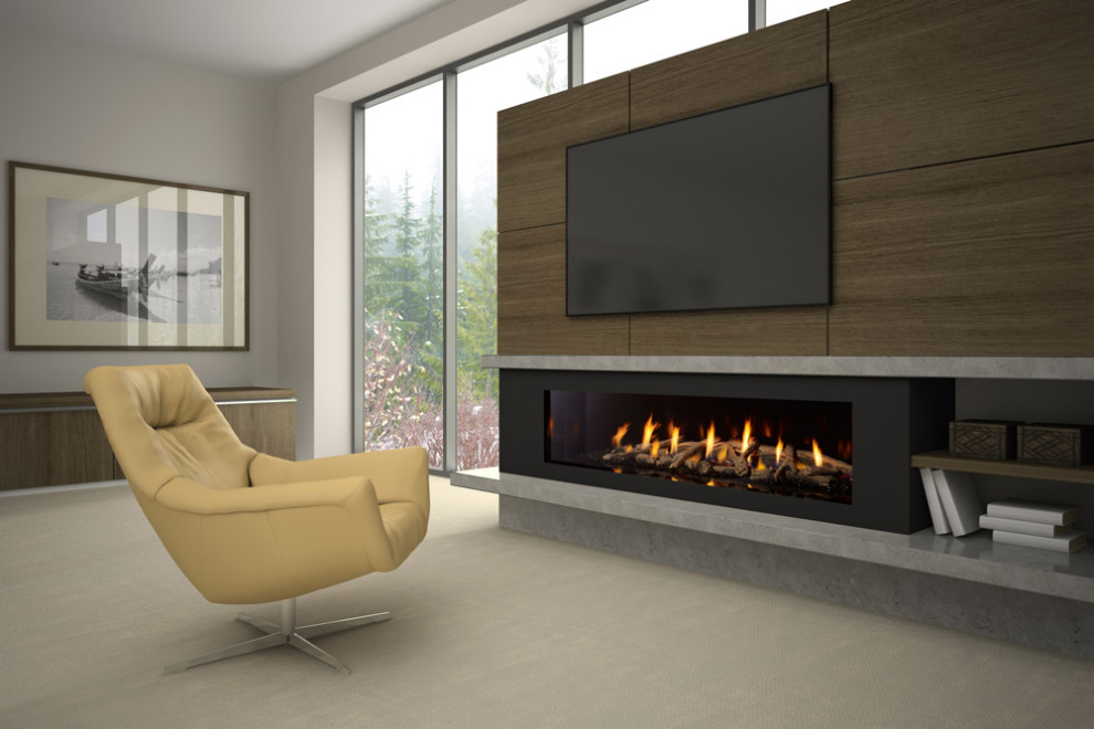 Cette image montre un salon minimaliste de taille moyenne et fermé avec un mur gris, moquette, une cheminée ribbon, un manteau de cheminée en métal, un téléviseur fixé au mur et un sol gris.