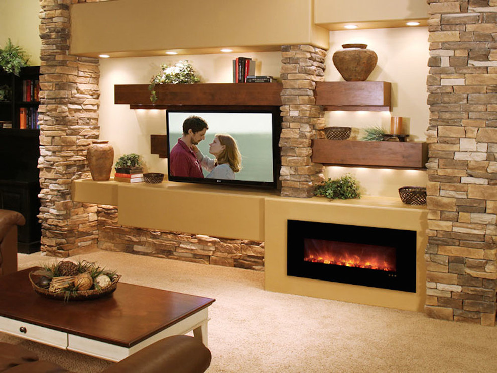 Example of a large open concept carpeted living room design in Phoenix with white walls, a standard fireplace and a wall-mounted tv