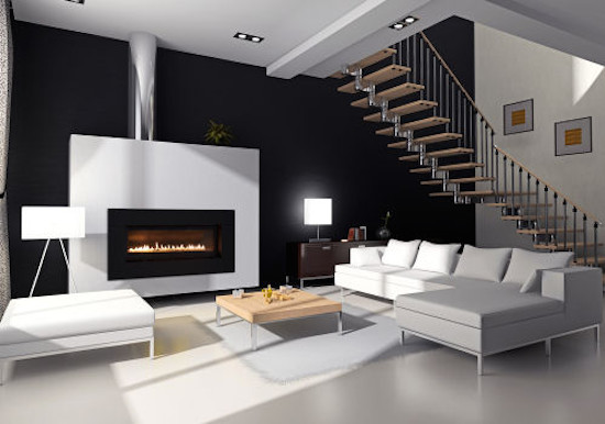 Medium sized living room in Vancouver with beige walls, a hanging fireplace and a concrete fireplace surround.
