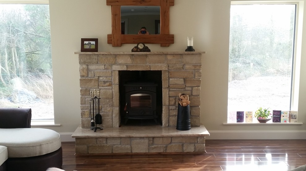 Photo of a classic living room in Limerick with a standard fireplace and a stone fireplace surround.