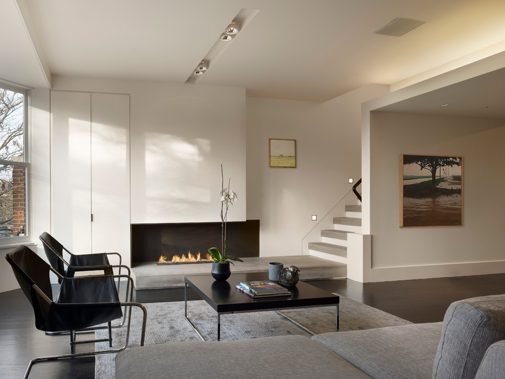 Großes, Repräsentatives, Offenes Modernes Wohnzimmer mit weißer Wandfarbe, dunklem Holzboden, Gaskamin und Kaminumrandung aus Stein in Philadelphia