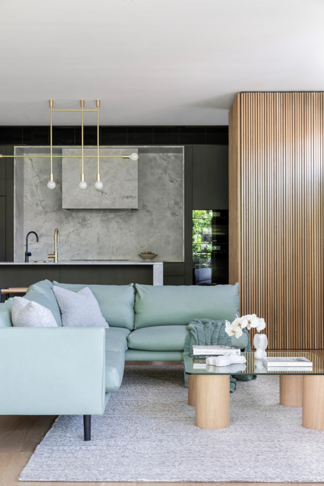 Immagine di un grande soggiorno contemporaneo aperto con parquet chiaro e pavimento beige
