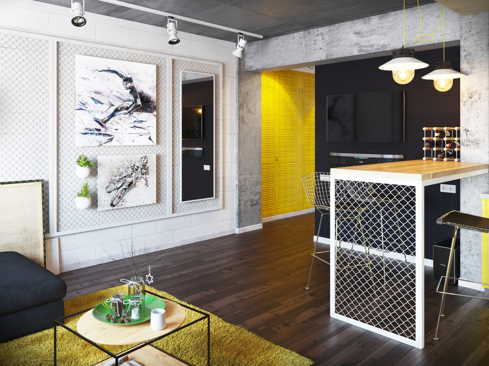 Immagine di un piccolo soggiorno industriale stile loft con TV a parete e pareti multicolore
