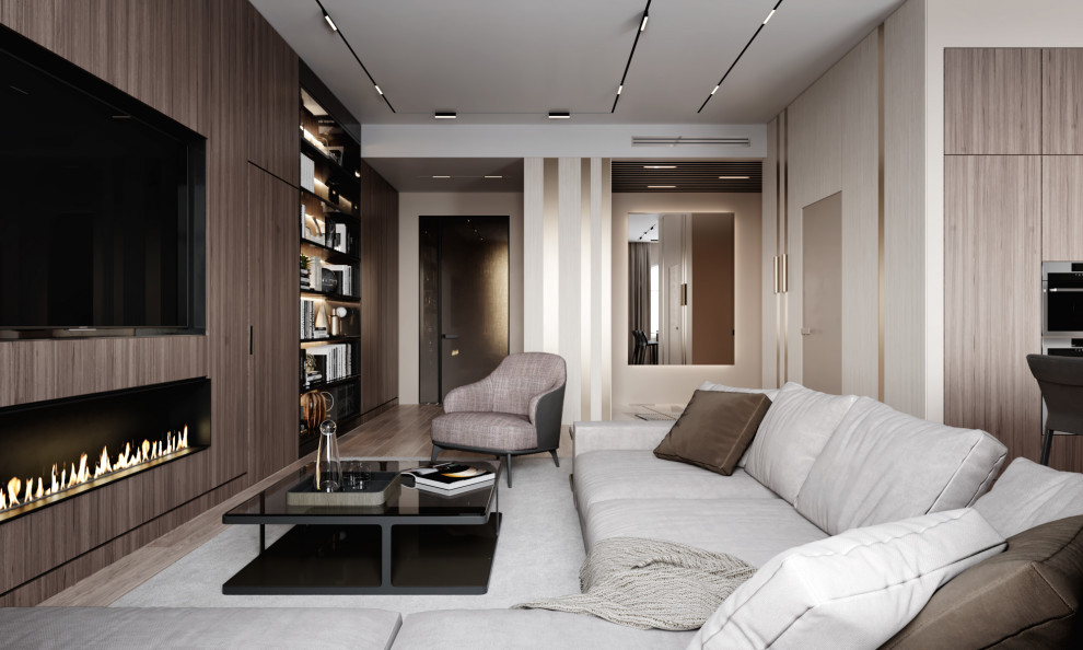 Imagen de salón abierto actual grande con paredes marrones, suelo de madera en tonos medios, chimenea lineal, televisor colgado en la pared y suelo marrón