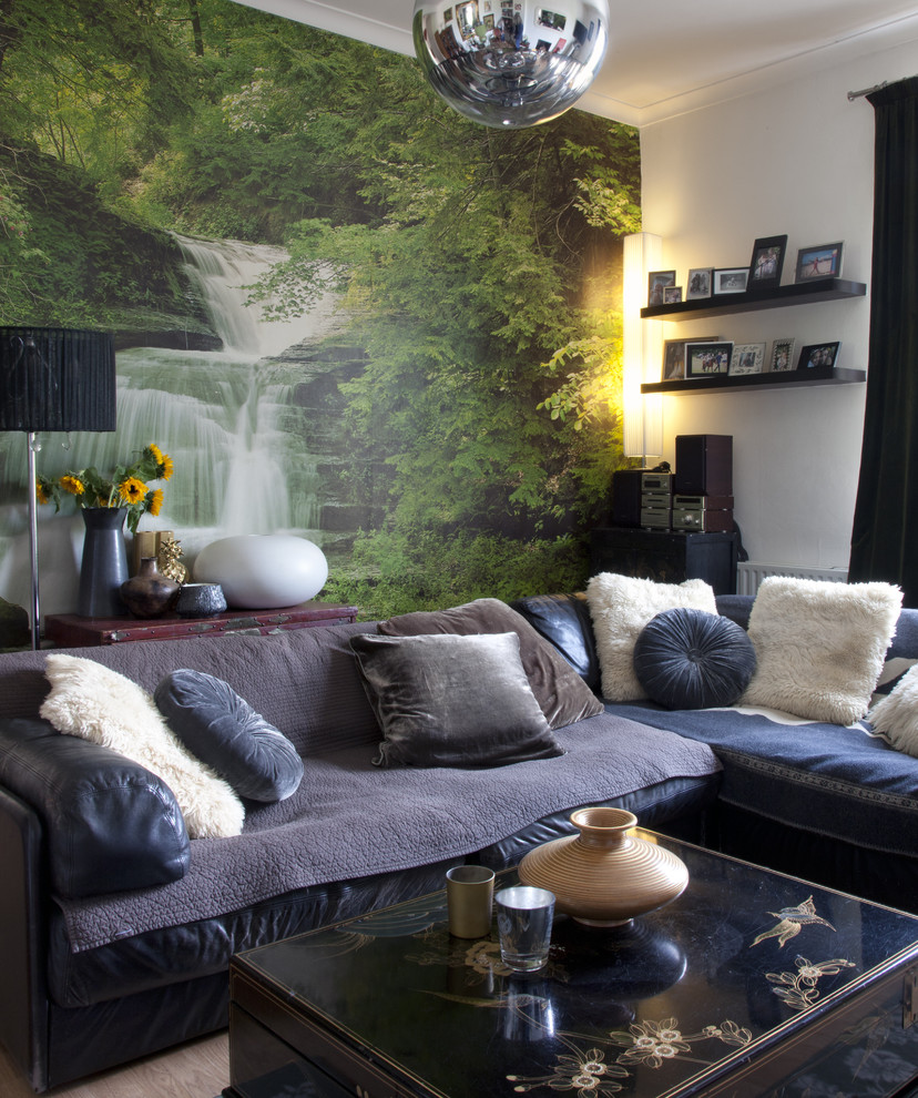 Design ideas for a bohemian enclosed living room feature wall in London.