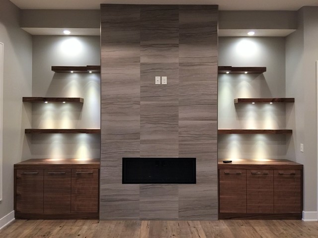 Floating Shelves with Lighting - Entertainment Space - Modern - Living Room  - Omaha - by Wood Trends Inc., | Houzz UK