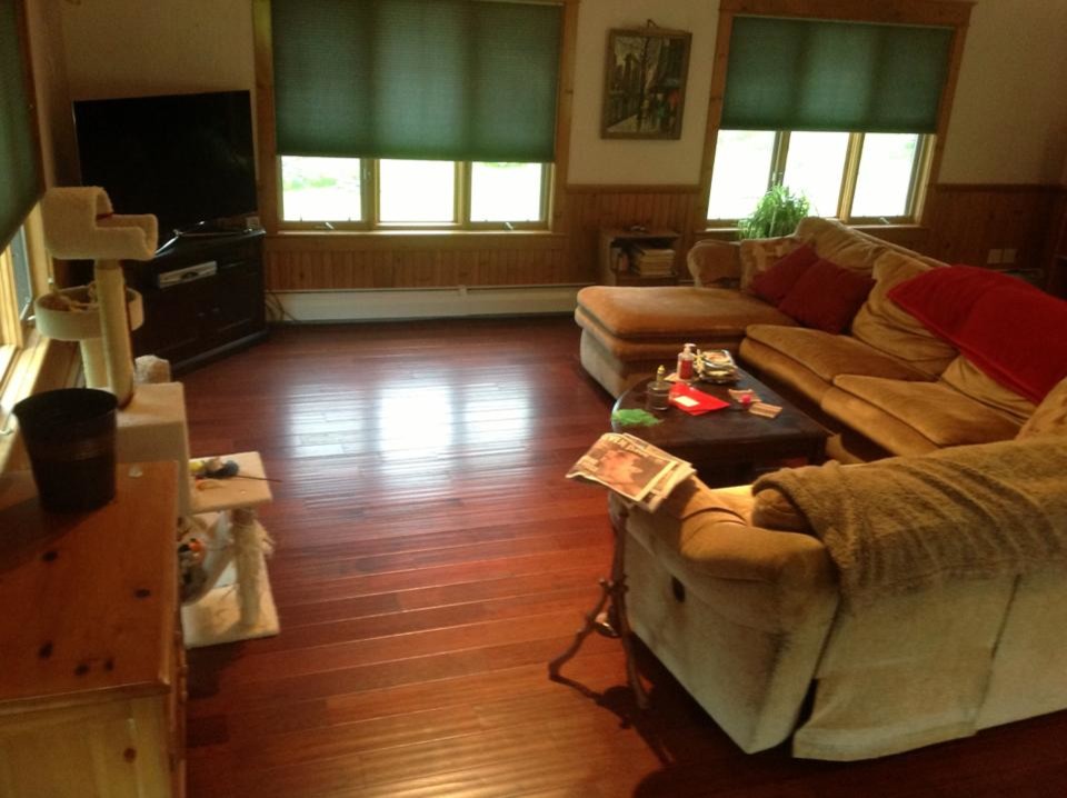 Mittelgroßes, Repräsentatives, Offenes Klassisches Wohnzimmer ohne Kamin mit beiger Wandfarbe, braunem Holzboden, freistehendem TV und braunem Boden in Burlington