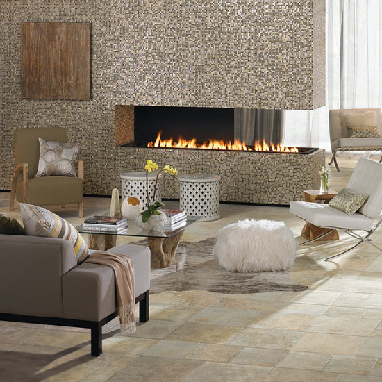 Living room - mid-sized traditional formal and open concept ceramic tile living room idea in Philadelphia with a two-sided fireplace and a tile fireplace