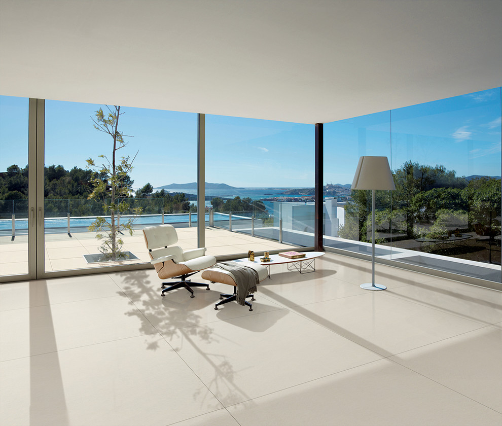 Foto di un ampio soggiorno minimalista aperto con sala formale e pavimento con piastrelle in ceramica