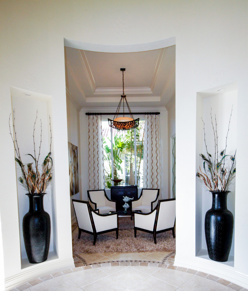 Example of a small trendy formal and enclosed ceramic tile and beige floor living room design in New York with white walls, no fireplace and no tv