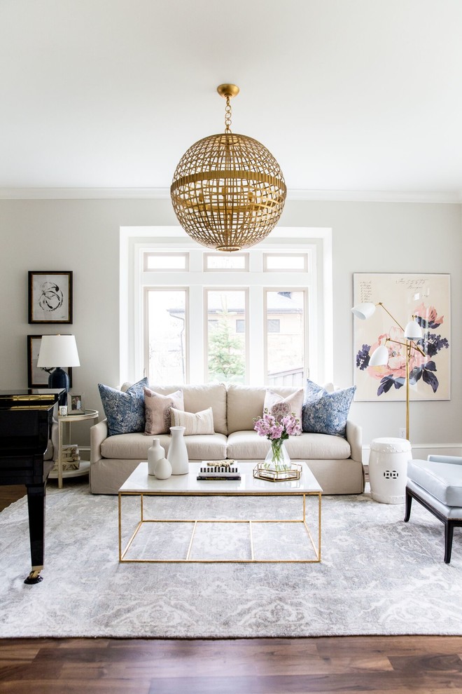 Large transitional dark wood floor living room photo in Salt Lake City with beige walls