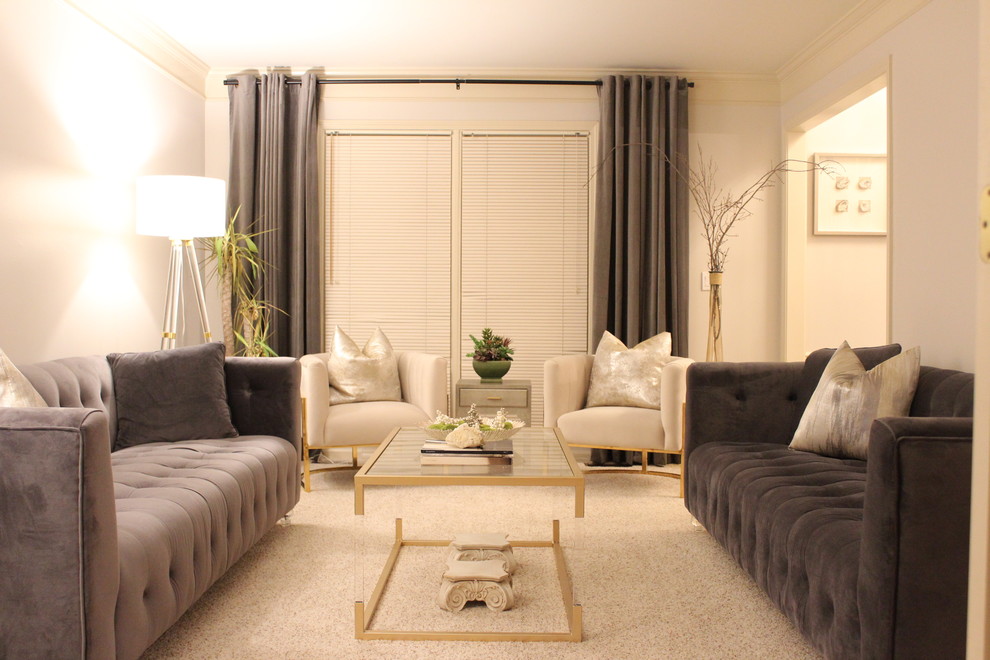 Inspiration för mellanstora moderna separata vardagsrum, med ett finrum, grå väggar, heltäckningsmatta och beiget golv