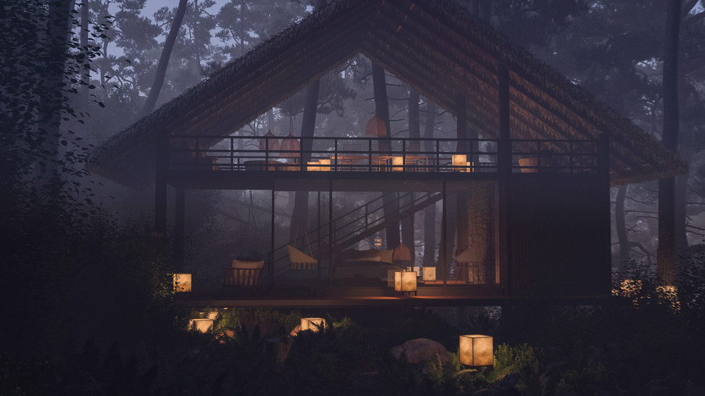 Idee per un piccolo soggiorno tropicale stile loft con pareti marroni, parquet chiaro e pavimento marrone