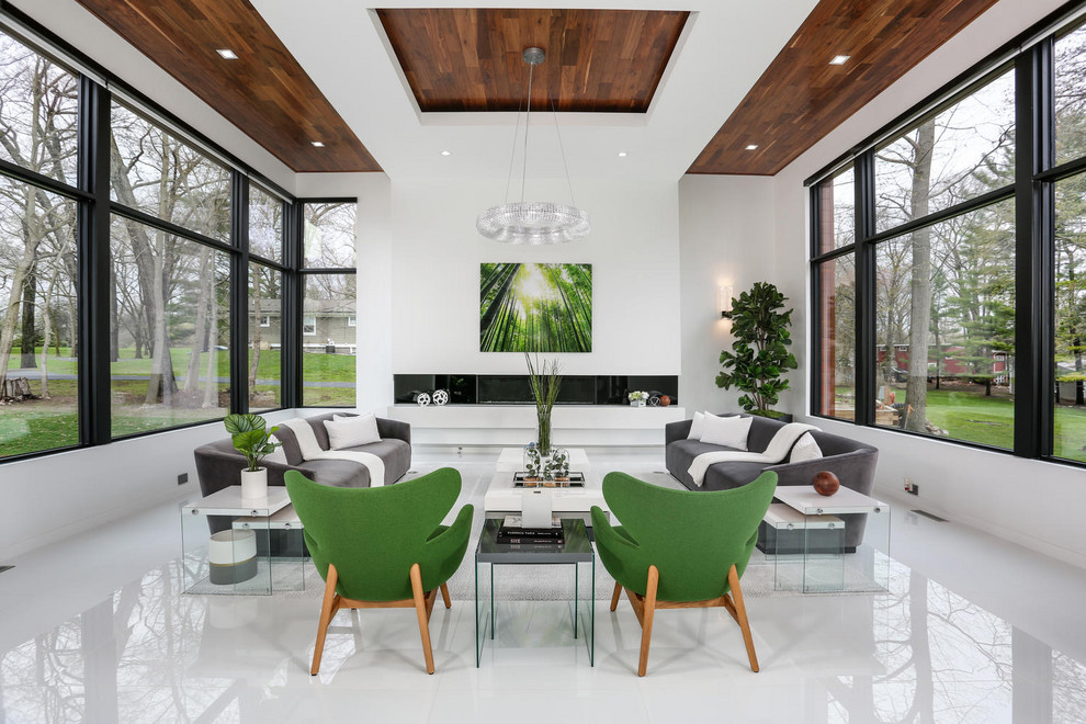 Example of a trendy formal white floor and wood ceiling living room design in Detroit with white walls and a ribbon fireplace
