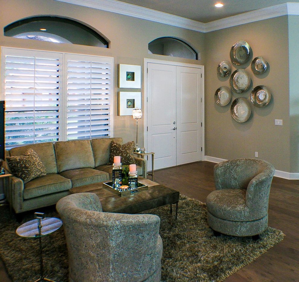 Medium sized contemporary formal open plan living room in Tampa with grey walls and medium hardwood flooring.